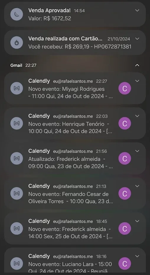 Print de notificações com vendas aprovadas e diversos agendamentos do Calendly