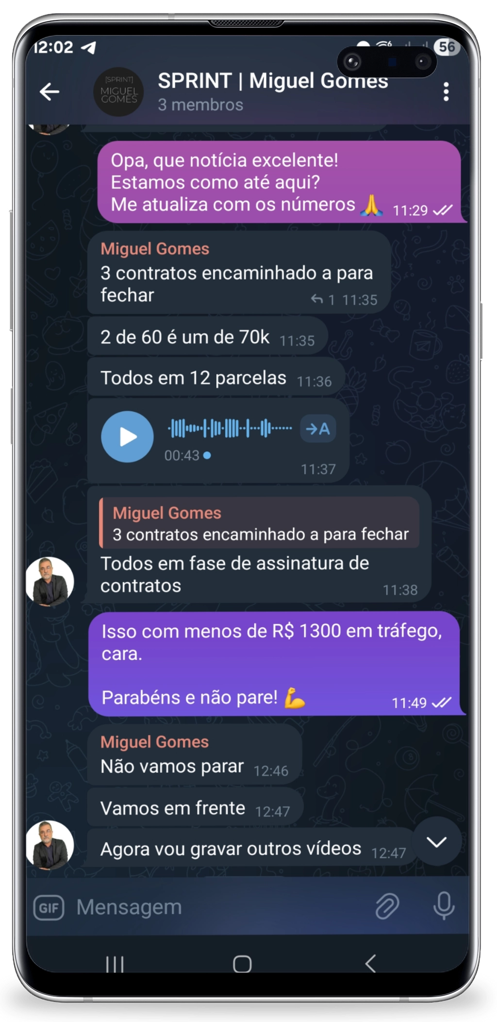 Print do Telegram com Miguel Gomes reportando 3 contratos fechados em 60 dias com menos de R$1.300 de tráfego