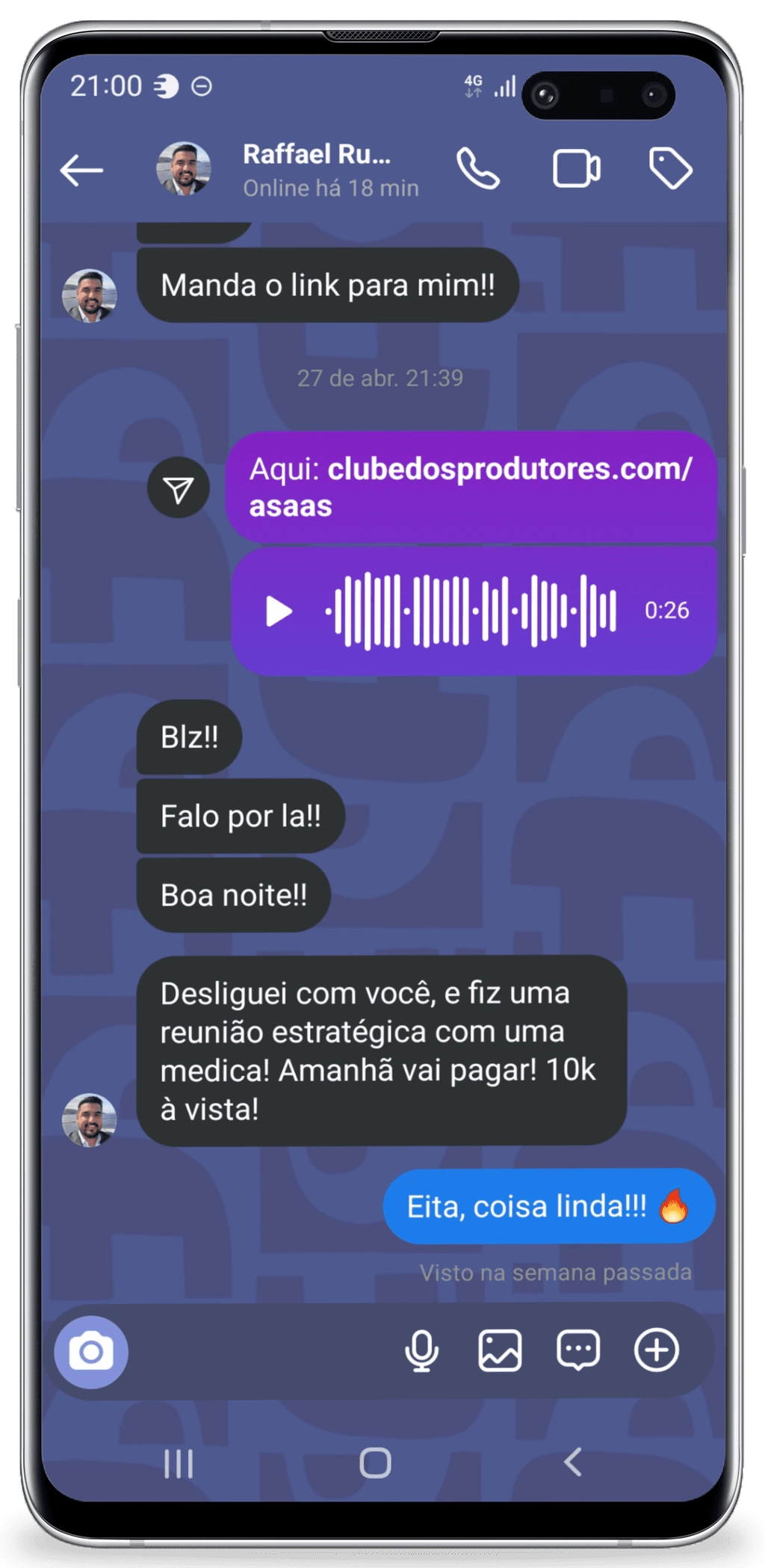 Print de conversa do Raffael Ruzante confirmando venda de R$10k à vista na primeira reunião