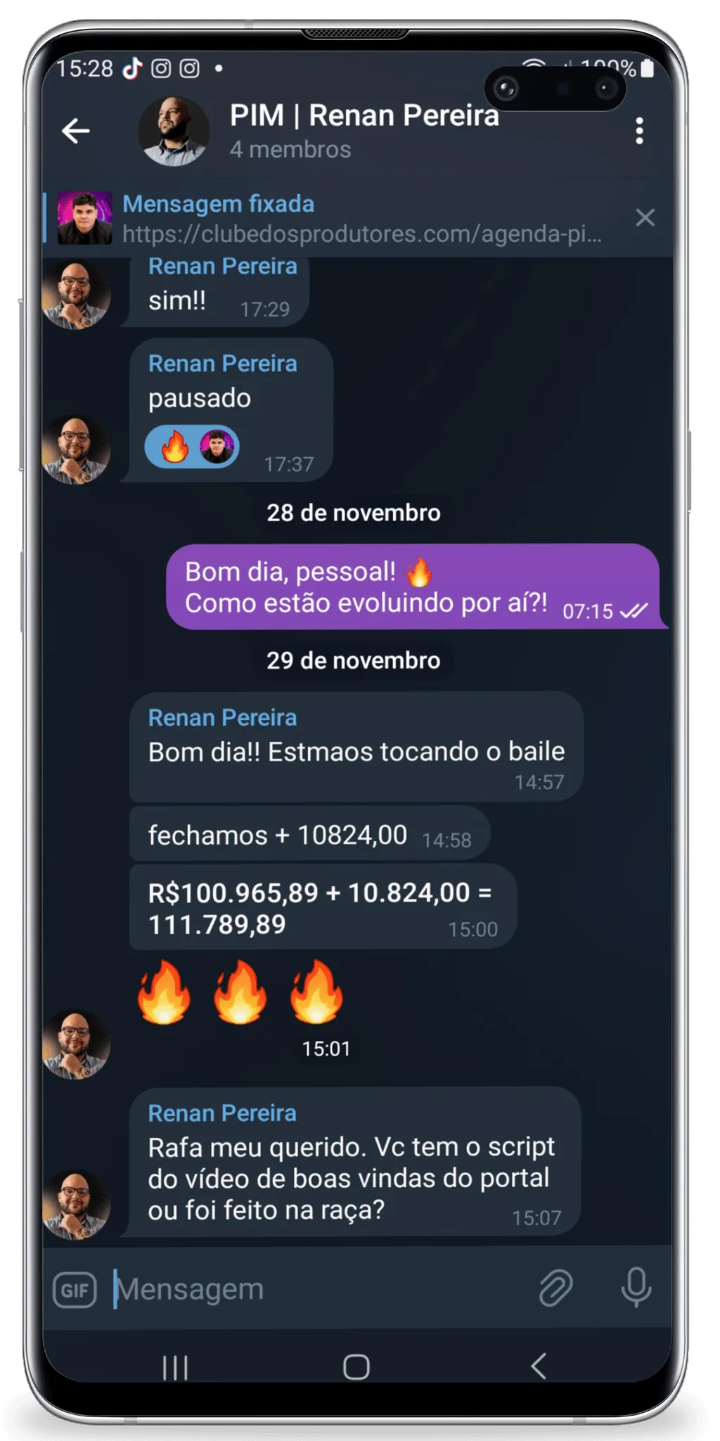 Print do Telegram com Renan Pereira reportando fechamento de R$ 111.789,89
